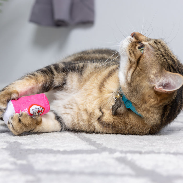 Cat with First Lick Heart & Be Mine Coffee 2pk Cat Toy dangling nearby.