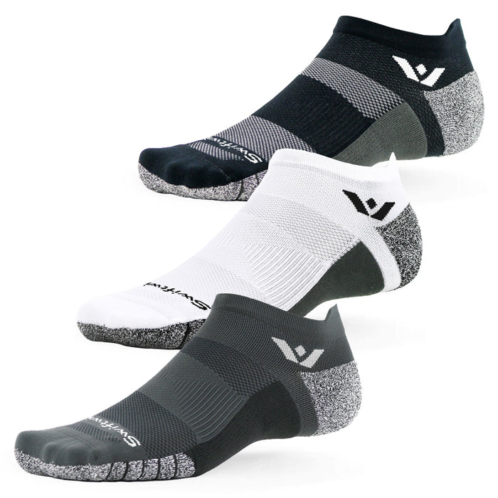 Black, white, and gray no show socks on white background