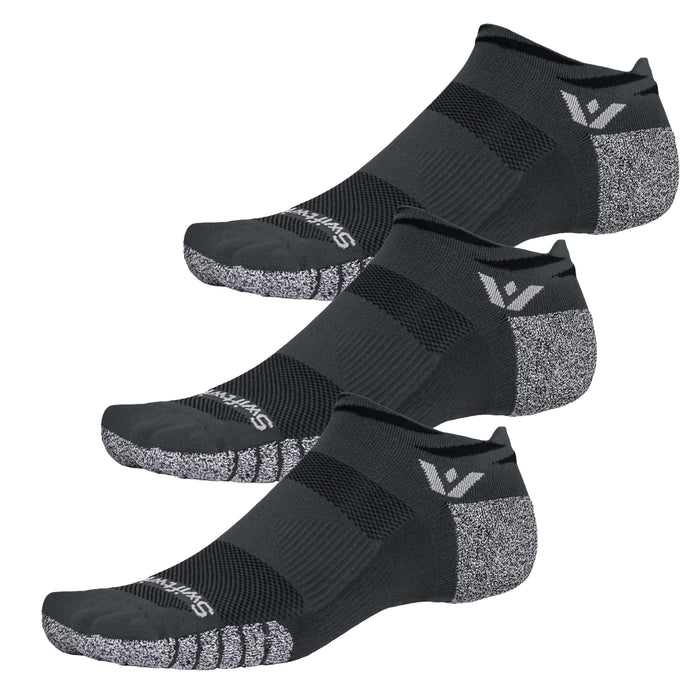 Three pairs of Flite XT No Show socks in charcoal gray