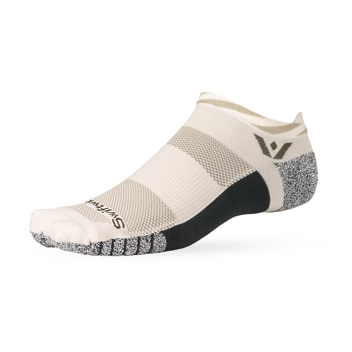 Low-cut beige Swiftwick athletic no-show sock with black arch support and grippy speckled toe and heel.