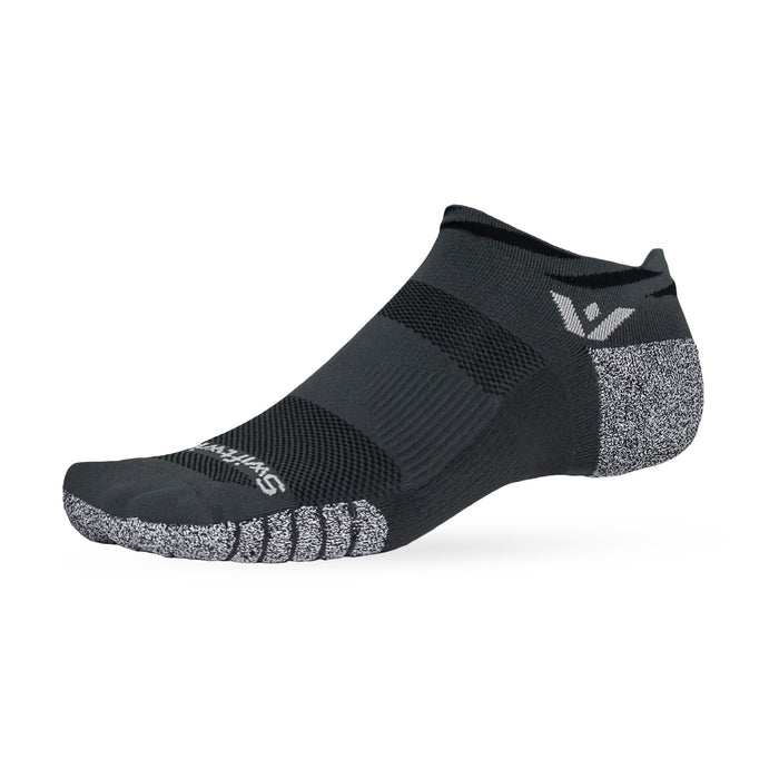 Low-cut black athletic no-show sock with grey speckled heel and toe, textured arch support and Swiftwick logo