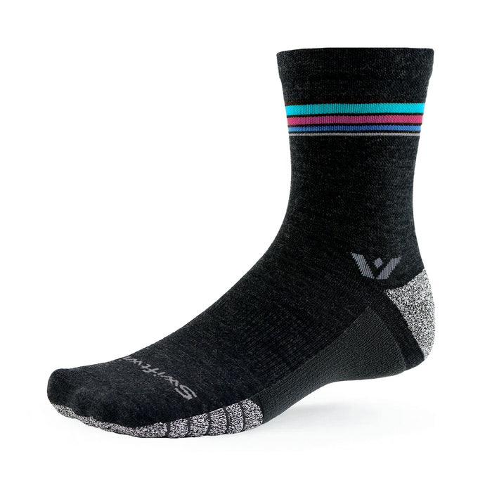 Flite XT Trail Mid-Crew sock in coal gray with aurora-colored stripes