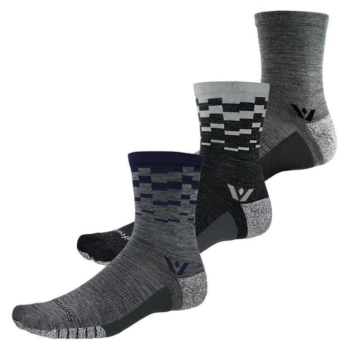 Three pairs of Flite XT Trail Mid-Crew socks in navy, black, and gray