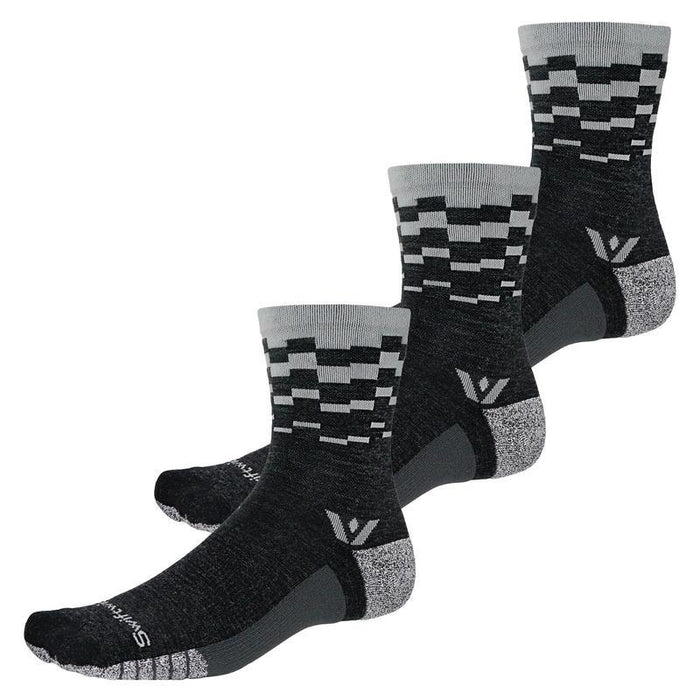 Three pairs of Flite XT Trail Mid-Crew socks in black and gray with a step pattern