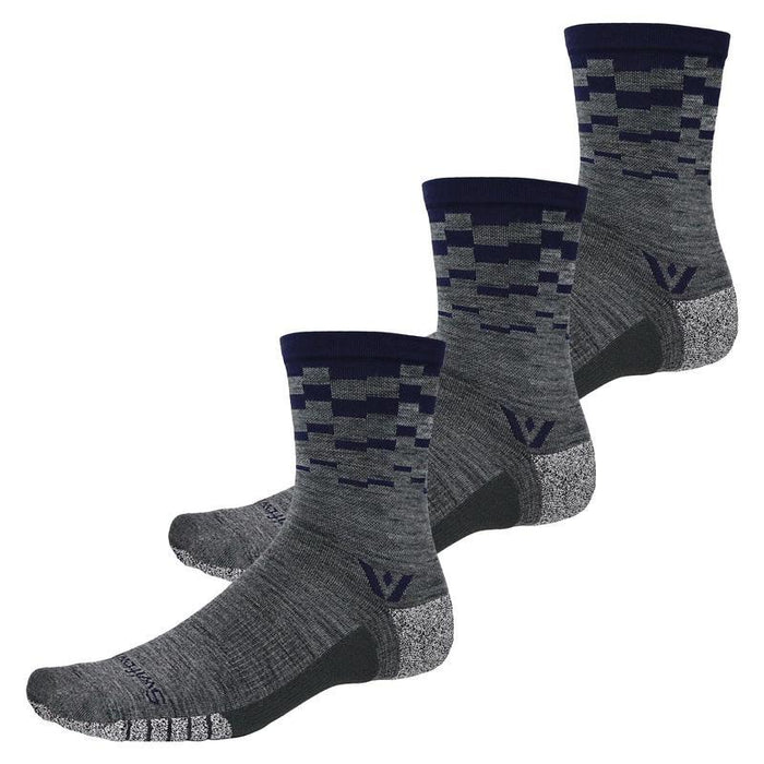Three pairs of Flite XT Trail Mid-Crew socks in gray and navy with a step pattern
