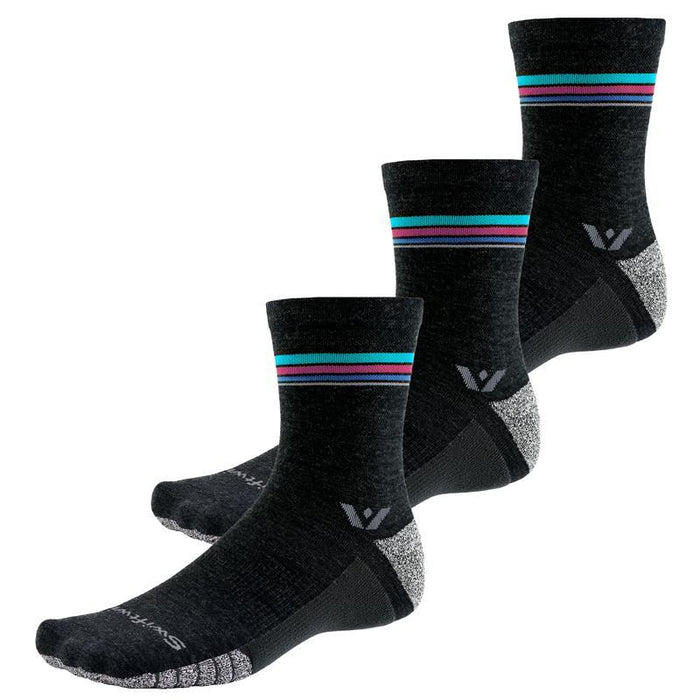 Three pairs of Flite XT Trail Mid-Crew socks in coal gray with aurora-colored stripes