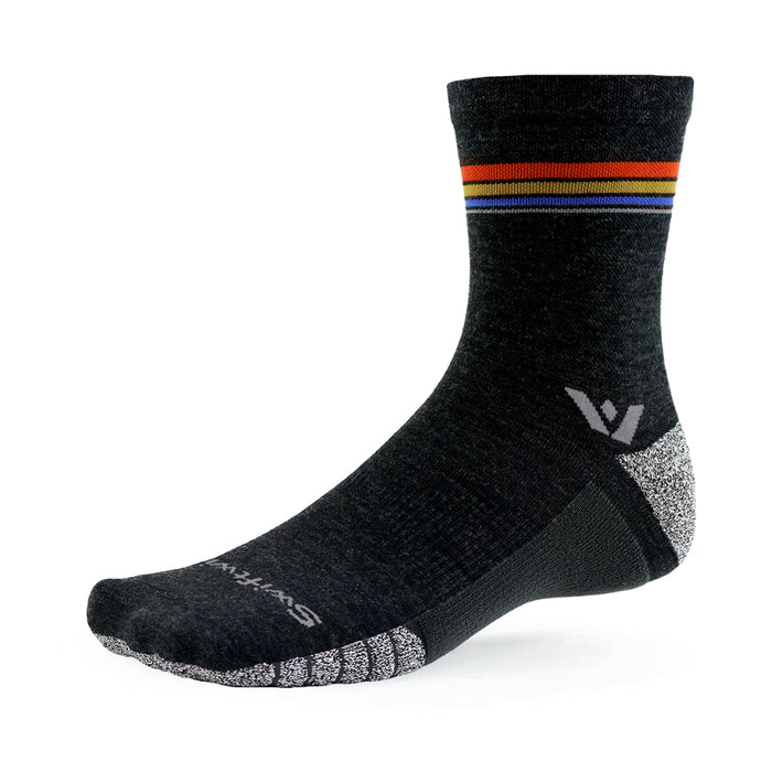 Flite XT Trail Mid-Crew sock in coal gray with sunset-colored stripes