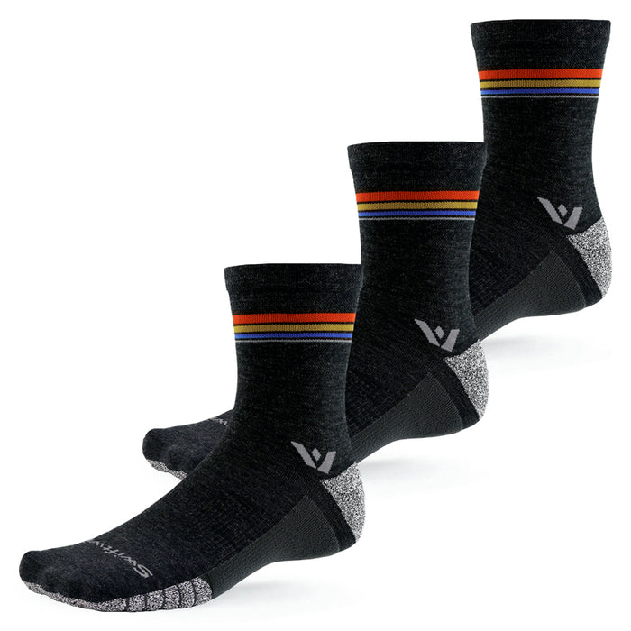 Three pairs of Flite XT Trail Mid-Crew socks in coal gray with sunset-colored stripes