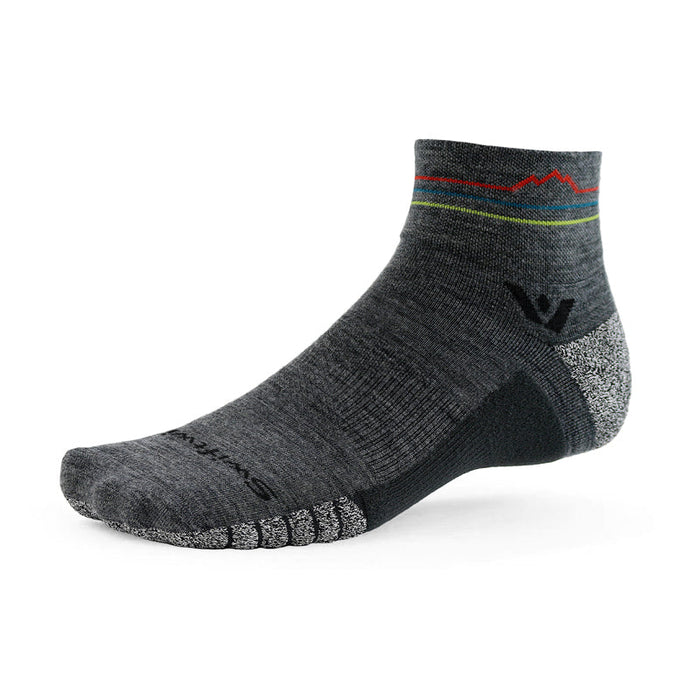 Side view of Flite XT Trail Quarter Crew sock in heather sunset mountain showcasing quarter-crew ankle height, reinforced heel and toe, and compression arch on white background
