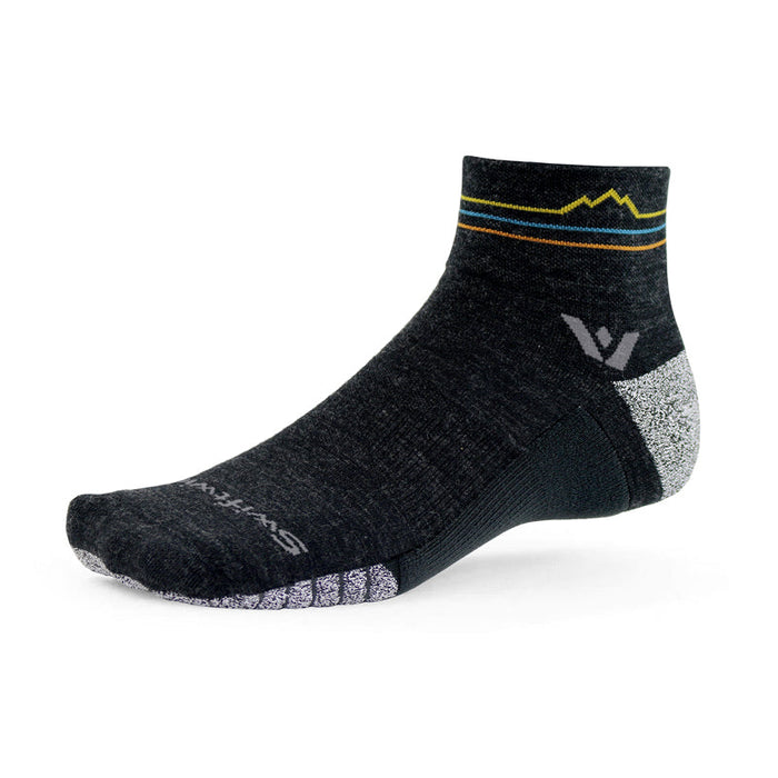 Flite XT Trail Quarter Crew sock in coal gray with sunset mountain stripes