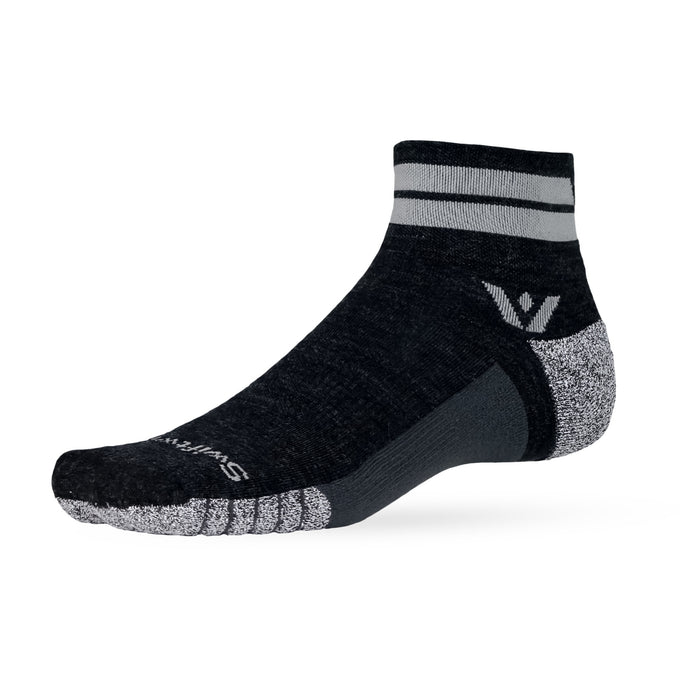 Side view of Flite XT Trail Quarter Crew sock showing cushioned heel and toe, arch support, and gray striped cuff on white background