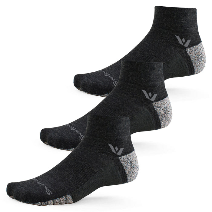 Three pairs of Flite XT Trail Quarter Crew socks in coal gray
