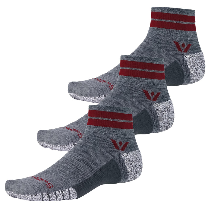 Three pairs of Flite XT Trail Quarter Crew socks in heather gray with red stripes