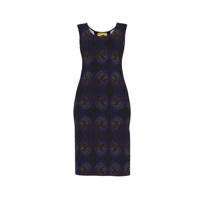 Front studio shot of the Nocturnal Sanctuary sheath dress, showing the sleeveless cut and symmetrical dark floral pattern on a white background.