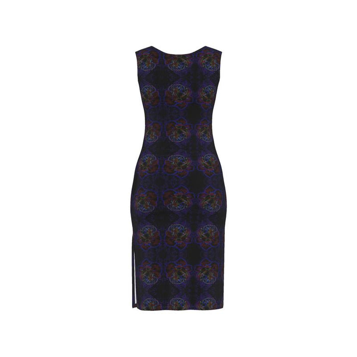 Studio back view of the Nocturnal Sanctuary sheath dress, highlighting the clean neckline and the subtle side leg slit.