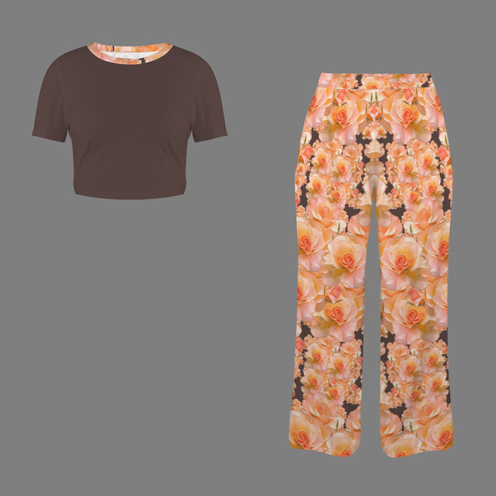Floral Embosses: Roses 03 -02 "Sunset Rose Elegance" Crop Top & Wide Leg Pants Set