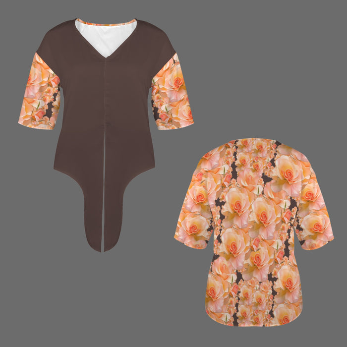 Floral Embosses: Roses 03 -02 "Sunset Rose Elegance" V-neck Knotted Hem Blouse