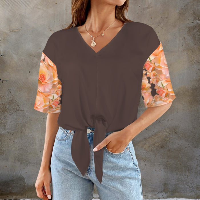Floral Embosses: Roses 03 -02 "Sunset Rose Elegance" V-neck Knotted Hem Blouse