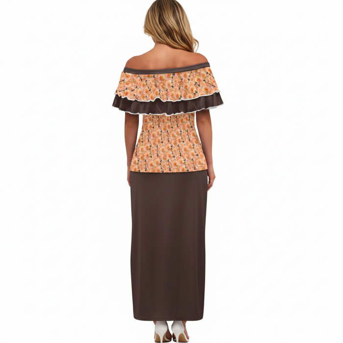 Back view of the Apricot Bloom Essential dress showing the off-the-shoulder Bardot neckline and continuous floral flounce detail.