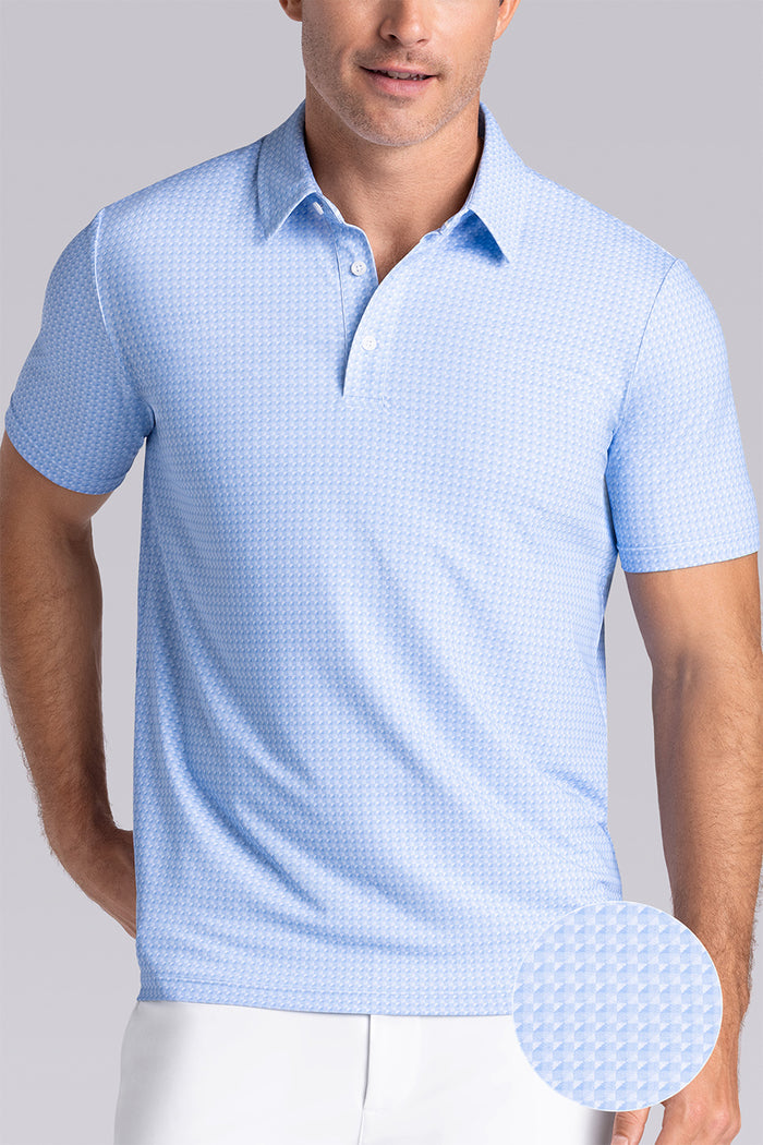 Model wearing Flourish Ocean Blue short sleeve geo print polo, styled with black shorts.