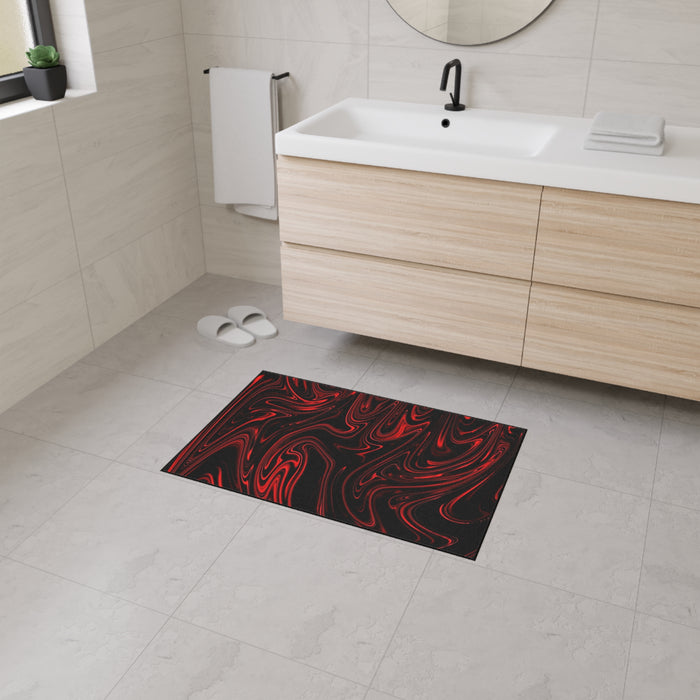 Bathroom with a red and black patterned rug on the floor.
