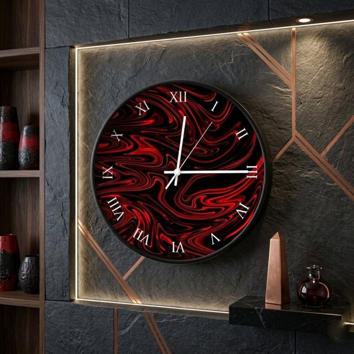A modern room with red and black marble-patterned wall clock set against dark stone walls with gold geometric accents.