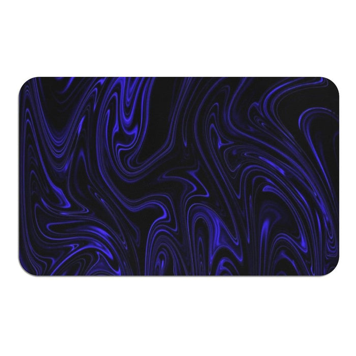 A top-down flat view of the rectangular bath mat featuring the Cobalt Heavenly Depths kinetic flow design in vibrant blue and black.
