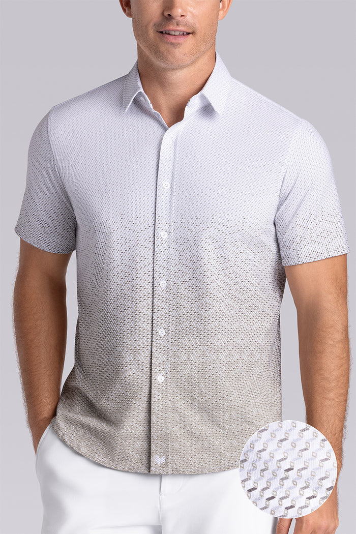 Model wearing Flow Light Sage Cotton® short sleeve ombre print shirt, styled with white shorts