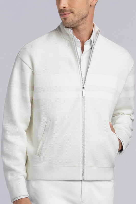 Model wearing Fortitude Off White long sleeve sweater outerwear, styled with white pants