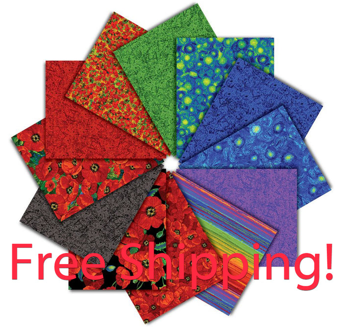 Free Shipping - Poppy Dreams Fat Quarter Bundle 12 Pieces by Timeless Treasures, Bright Floral