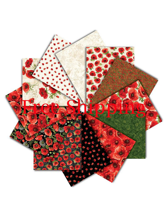 Free Shipping - Poppy Passion Fat Quarter Bundle 12 Pieces by Timeless Treasures, Red Floral