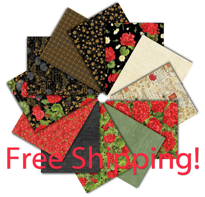 Free Shipping - Scarlet Beauty Fat Quarter Bundle 12 Pieces by Timeless Treasures, Bright Floral