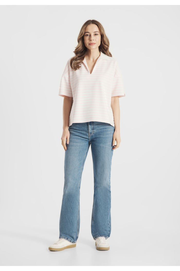 Model wearing Frieda & Freddies 261212 Stripe Collar Top Pink by frieda & freddies shop frieda & freddies at Dotique full length front view