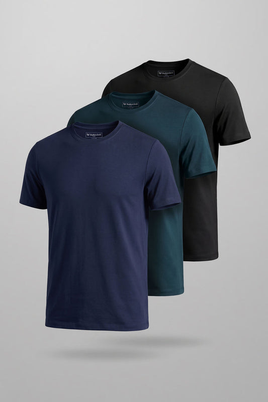 Model wearing Fundamental Icy Bamboo® short sleeve crewneck