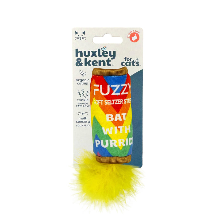 Packaged Fuzzy Soft Seltzer Cat Toy.