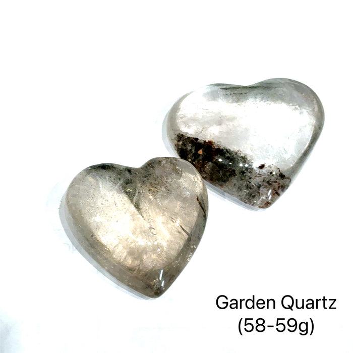 Garden Quartz Heart Carving grouping on white 58-59g overview