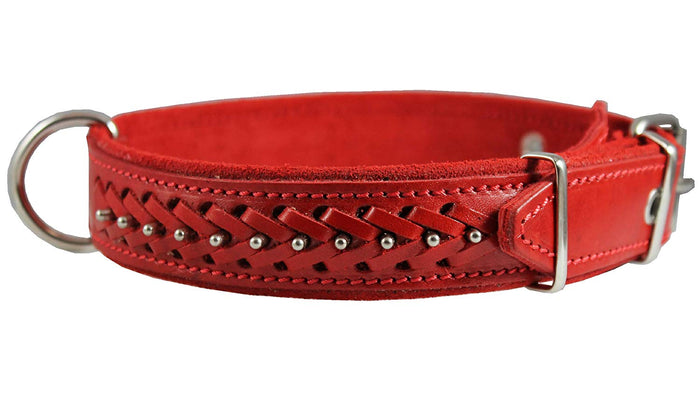 Genuine Leather Braided Studded Dog Collar, Red 1.5" Wide. Fits 17"-22" Neck size. Amstaff, Pitbull