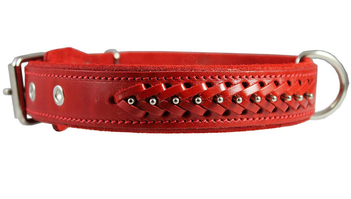 Genuine Leather Braided Studded Dog Collar, Red 1.5" Wide. Fits 17"-22" Neck size. Amstaff, Pitbull