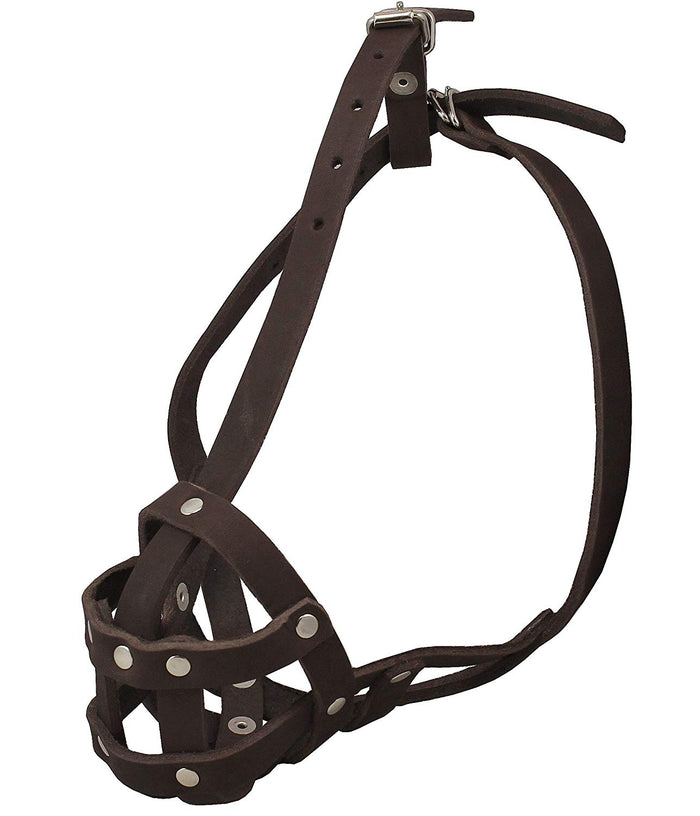 Genuine Leather Secure Dog Mesh Basket Muzzle #134 Brown (Circumference 12", Snout Length 1.5")