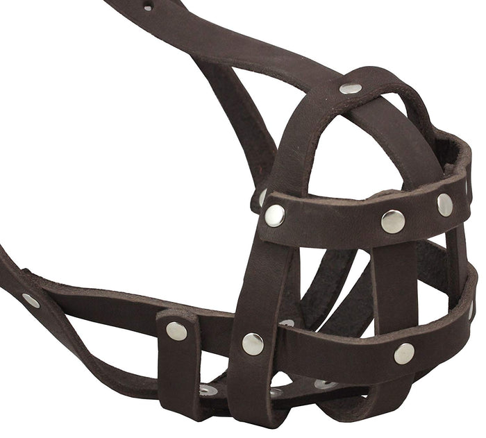 Genuine Leather Secure Dog Mesh Basket Muzzle #134 Brown (Circumference 12", Snout Length 1.5")