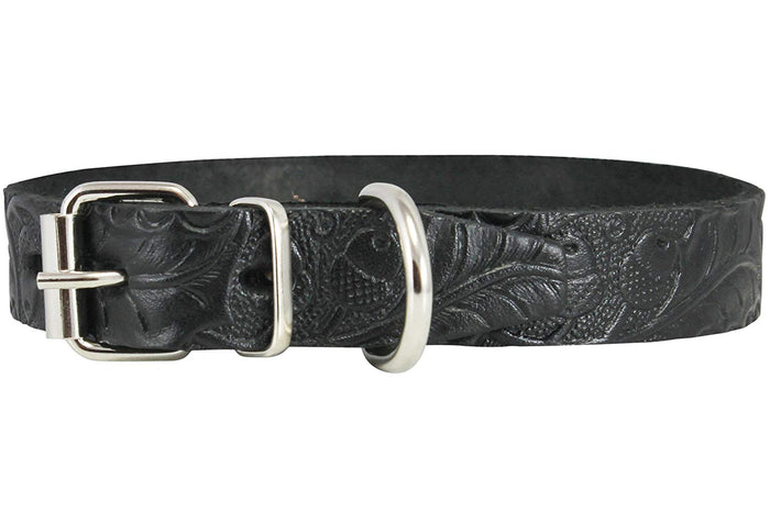 Genuine Tooled Leather Dog Collar Floral Pattern Black 3 Sizes