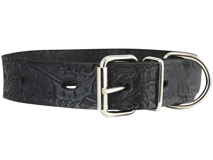 Genuine Tooled Leather Dog Collar Floral Pattern Black 3 Sizes