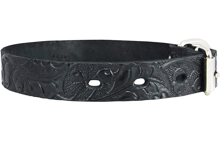Genuine Tooled Leather Dog Collar Floral Pattern Black 3 Sizes