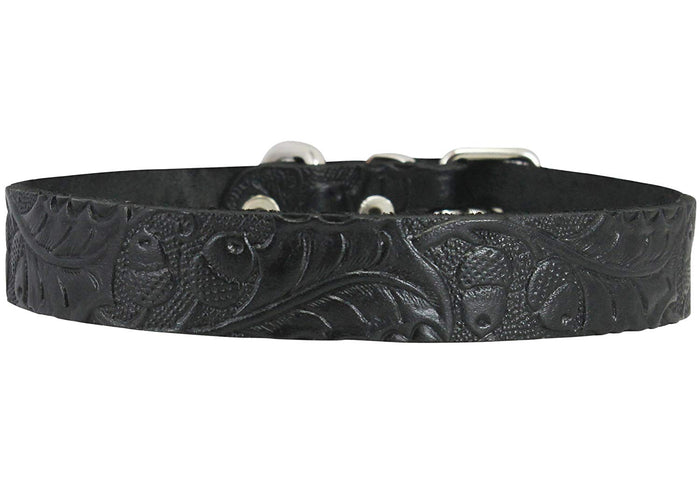 Genuine Tooled Leather Dog Collar Floral Pattern Black 3 Sizes