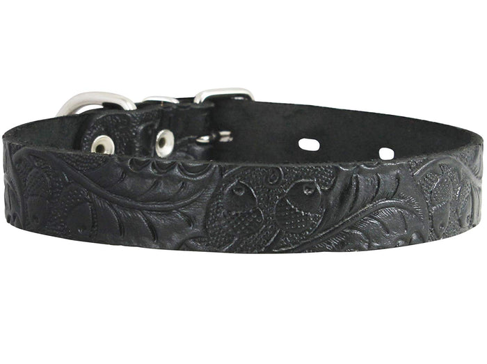 Genuine Tooled Leather Dog Collar Floral Pattern Black 3 Sizes