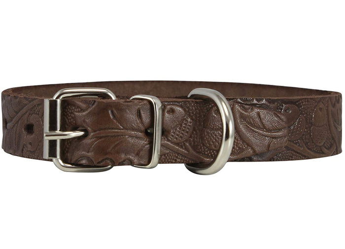 Genuine Tooled Leather Dog Collar Floral Pattern Brown 3 Sizes