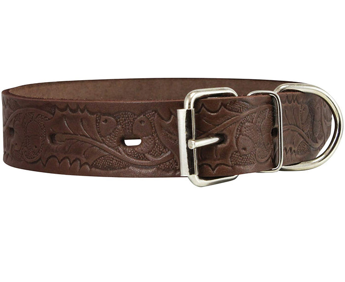Genuine Tooled Leather Dog Collar Floral Pattern Brown 3 Sizes