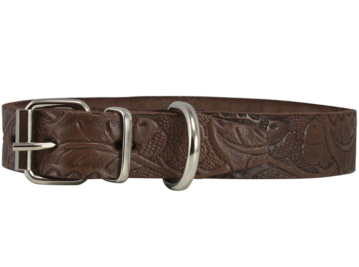 Genuine Tooled Leather Dog Collar Floral Pattern Brown 3 Sizes