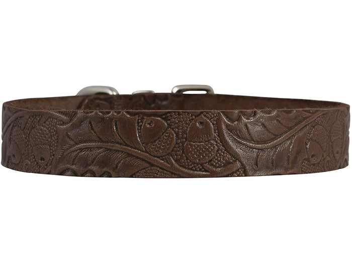 Genuine Tooled Leather Dog Collar Floral Pattern Brown 3 Sizes