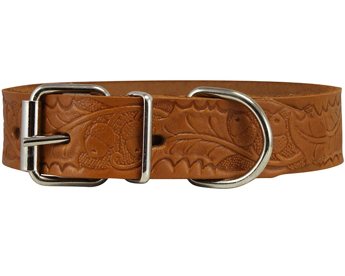Genuine Tooled Leather Dog Collar Floral Pattern Tan 3 Sizes